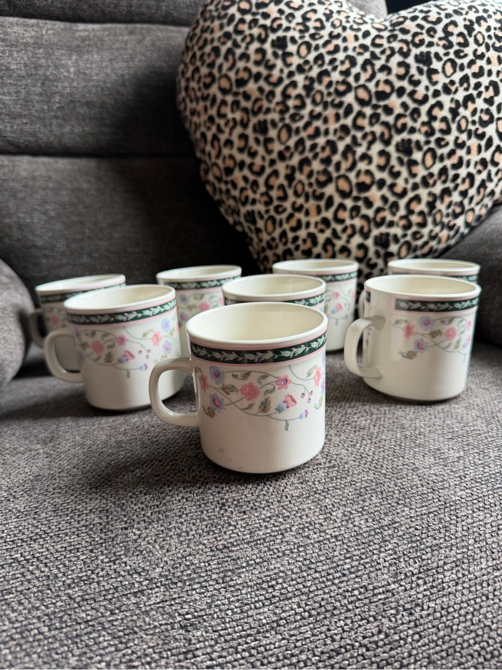 Floral Ceramic Coffee Mugs - Set of 8 (Cream with Pink Floral Trim)